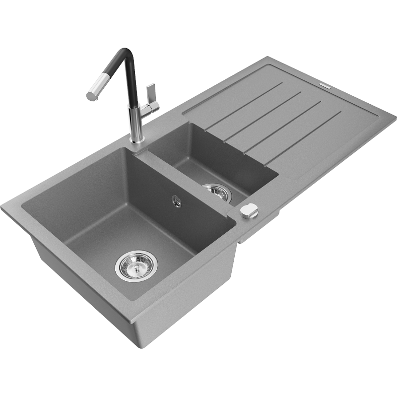 Mexen Andres granite sink 1.5-bowl with drainer and Flora kitchen tap, grey - 6515-71-670401-07