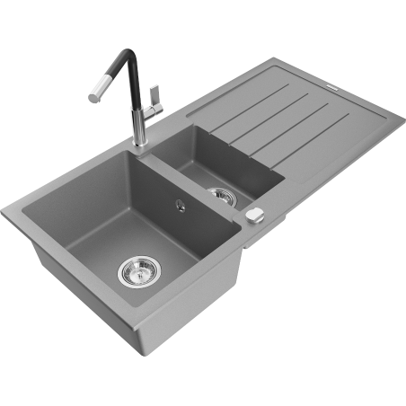 Mexen Andres granite sink 1.5-bowl with drainer and Flora kitchen tap, grey - 6515-71-670401-07