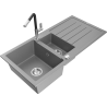 Mexen Andres granite kitchen sink 1.5-bowl with drainer and Flora kitchen faucet, gray - 6515-71-670401-07