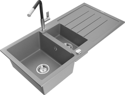 Mexen Andres granite kitchen sink 1.5-bowl with drainer and Flora kitchen faucet, gray - 6515-71-670401-07