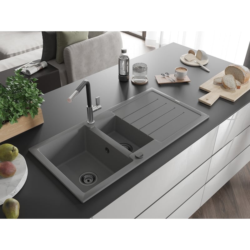 Mexen Andres granite sink 1.5-bowl with drainer and Flora kitchen faucet, gray - 6515-71-670401-07-B