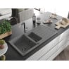 Mexen Andres granite sink 1.5-bowl with drainer and Flora kitchen tap, grey - 6515-71-670401-07-B