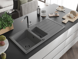 Mexen Andres 1.5-compartment granite sink with a drip tray and kitchen mixer tap Flora, Grey - 6515-71-670401-07-B