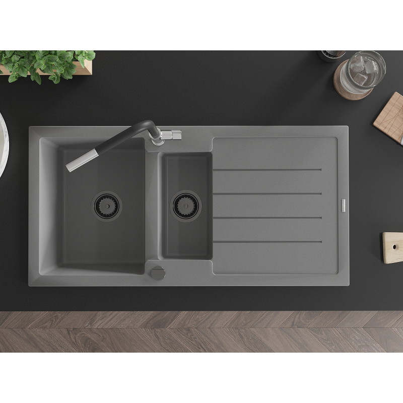Mexen Andres granite sink 1.5-bowl with drainer and Flora kitchen faucet, gray - 6515-71-670401-07-B