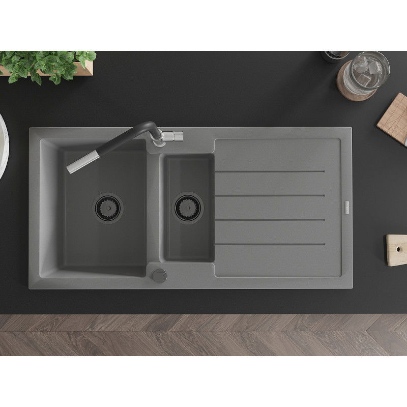 Mexen Andres granite sink 1.5-bowl with drainer and Flora kitchen tap, grey - 6515-71-670401-07-B