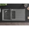 Mexen Andres granite sink 1.5-bowl with drainer and Flora kitchen faucet, gray - 6515-71-670401-07-B