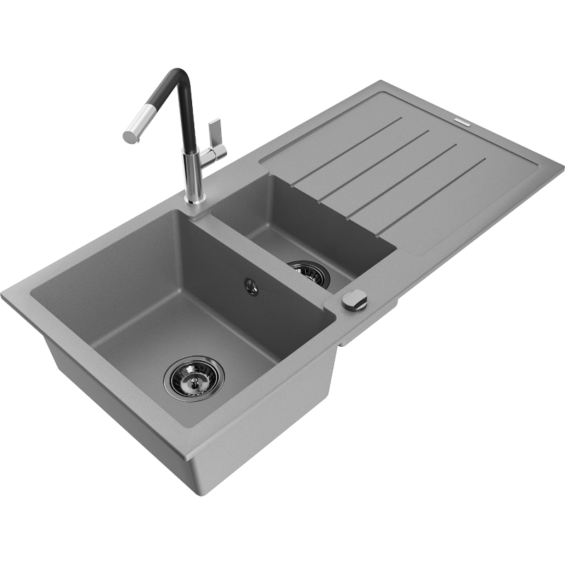 Mexen Andres 1.5-compartment granite sink with a drip tray and kitchen mixer tap Flora, Grey - 6515-71-670401-07-B