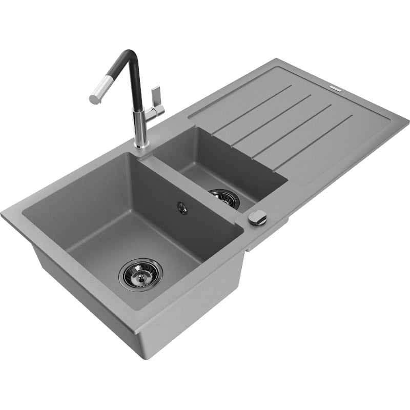 Mexen Andres granite sink 1.5-bowl with drainer and Flora kitchen faucet, gray - 6515-71-670401-07-B