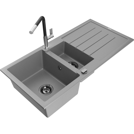 Mexen Andres 1.5-compartment granite sink with a drip tray and kitchen mixer tap Flora, Grey - 6515-71-670401-07-B