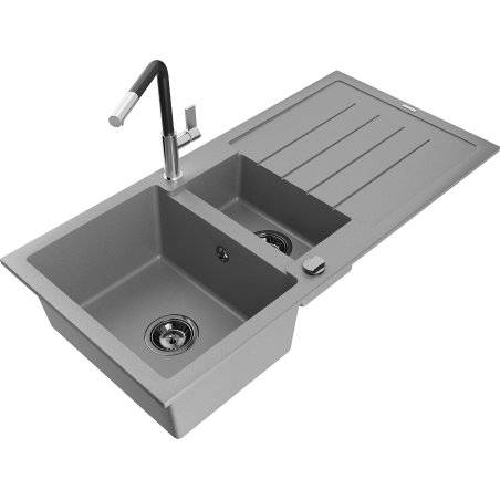 Mexen Andres granite sink 1.5-bowl with drainer and Flora kitchen tap, grey - 6515-71-670401-07-B