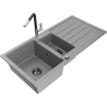 Mexen Andres 1.5-compartment granite sink with a drip tray and kitchen mixer tap Flora, Grey - 6515-71-670401-07-B