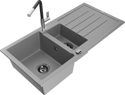 Mexen Andres 1.5-compartment granite sink with a drip tray and kitchen mixer tap Flora, Grey - 6515-71-670401-07-B