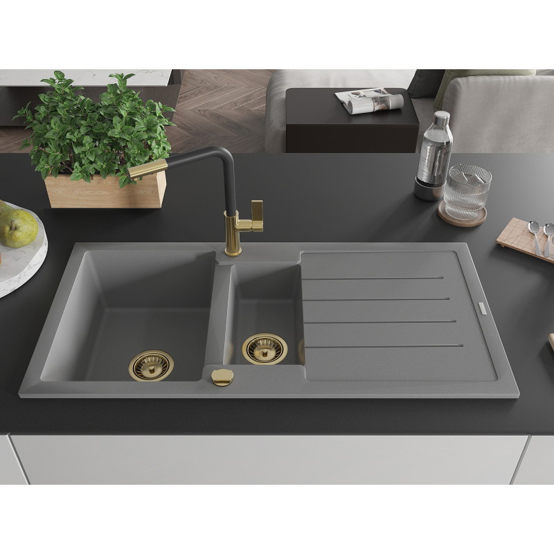 Mexen Andres granite sink 1.5-bowl with drainer and Flora kitchen faucet, gray - 6515-71-670401-57-G
