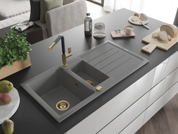 Mexen Andres 1.5-bowl granite sink with drainer and Flora kitchen faucet, gray - 6515-71-670401-57-G