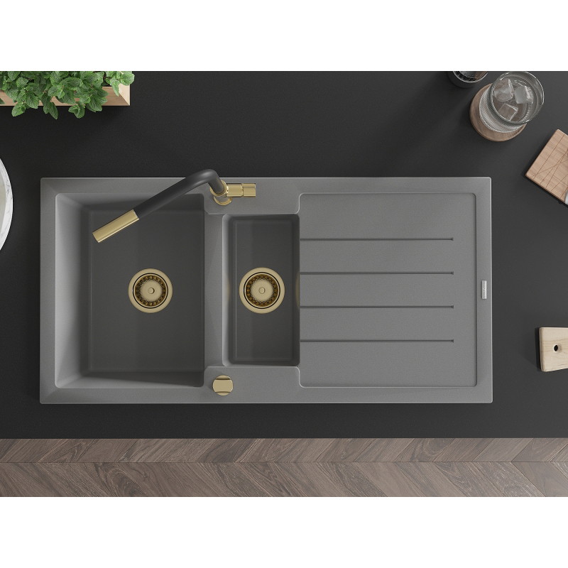 Mexen Andres 1.5-bowl granite sink with drainer and Flora kitchen faucet, gray - 6515-71-670401-57-G