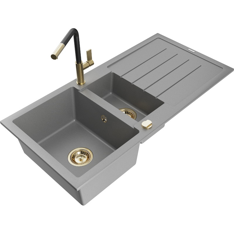 Mexen Andres 1.5-bowl granite sink with drainer and Flora kitchen faucet, gray - 6515-71-670401-57-G
