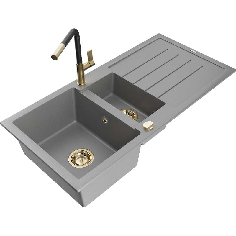 Mexen Andres 1.5-compartment granite sink with a drip tray and kitchen mixer tap Flora, Grey - 6515-71-670401-57-G
