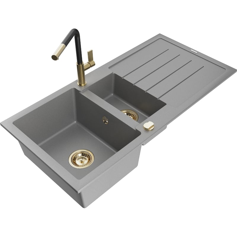 Mexen Andres granite sink 1.5-bowl with drainer and Flora kitchen faucet, gray - 6515-71-670401-57-G