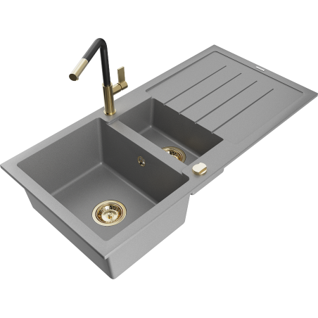 Mexen Andres 1.5-bowl granite sink with drainer and Flora kitchen faucet, gray - 6515-71-670401-57-G