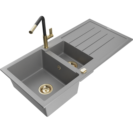 Mexen Andres granite sink 1.5-bowl with drainer and Flora kitchen faucet, gray - 6515-71-670401-57-G