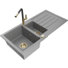 Mexen Andres 1.5-bowl granite sink with drainer and Flora kitchen faucet, gray - 6515-71-670401-57-G