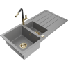 Mexen Andres granite sink 1.5-bowl with drainer and Flora kitchen faucet, gray - 6515-71-670401-57-G