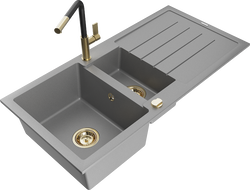 Mexen Andres 1.5-bowl granite sink with drainer and Flora kitchen faucet, gray - 6515-71-670401-57-G