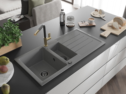 Mexen Andres 1.5-compartment granite sink with a drip tray and kitchen mixer tap Flora, Grey - 6515-71-670401-57-B