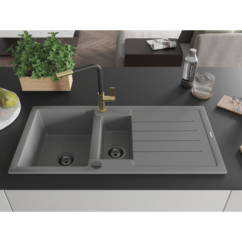 Mexen Andres granite sink 1.5-bowl with drainer and Flora kitchen faucet, gray - 6515-71-670401-57-B