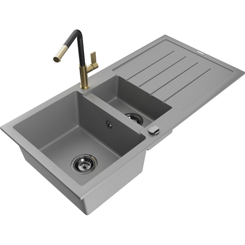 Mexen Andres 1.5-bowl granite sink with drainer and Flora kitchen faucet, gray - 6515-71-670401-57-B