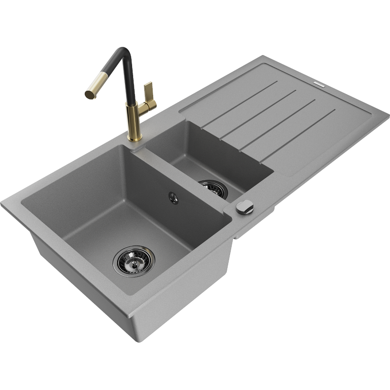 Mexen Andres 1.5-compartment granite sink with a drip tray and kitchen mixer tap Flora, Grey - 6515-71-670401-57-B