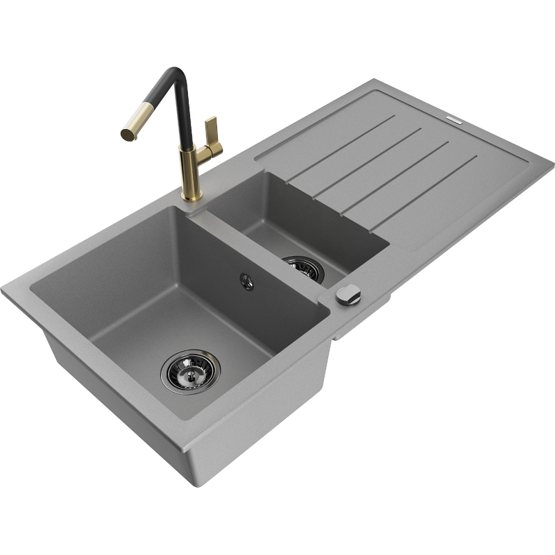 Mexen Andres granite sink 1.5-bowl with drainer and Flora kitchen tap, grey - 6515-71-670401-57-B
