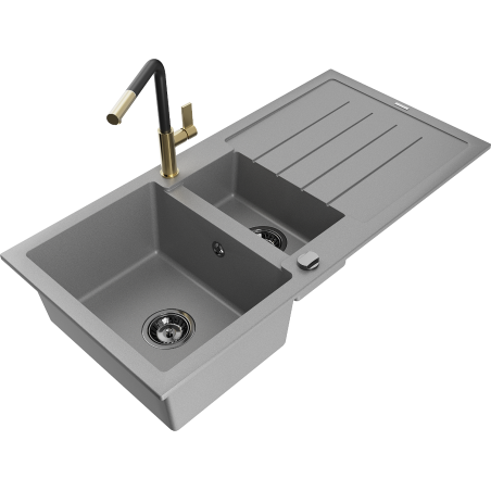Mexen Andres granite sink 1.5-bowl with drainer and Flora kitchen faucet, gray - 6515-71-670401-57-B