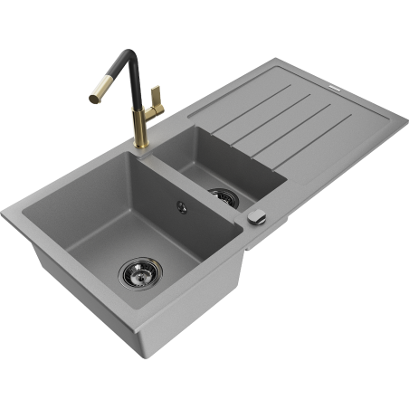 Mexen Andres granite sink 1.5-bowl with drainer and Flora kitchen tap, grey - 6515-71-670401-57-B