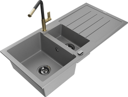 Mexen Andres granite sink 1.5-bowl with drainer and Flora kitchen faucet, gray - 6515-71-670401-57-B