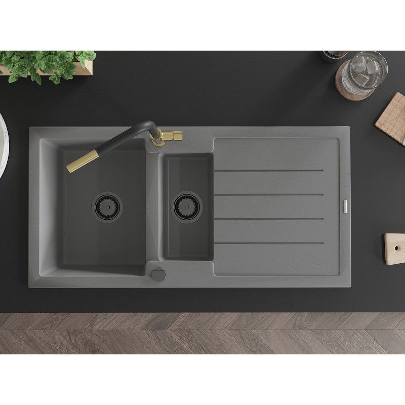 Mexen Andres granite sink 1.5-bowl with drainer and Flora kitchen tap, grey - 6515-71-670401-57-B