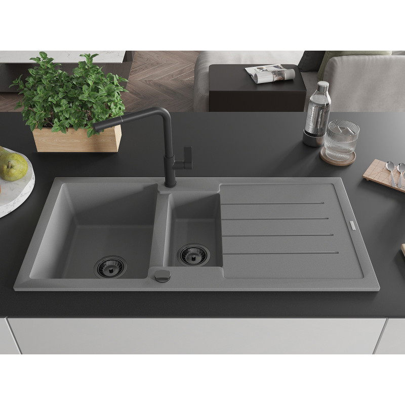 Mexen Andres 1.5-bowl granite sink with drainer and Flora kitchen faucet, gray - 6515-71-670401-70-B