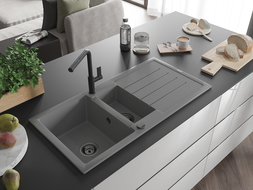 Mexen Andres 1.5-compartment granite sink with a drip tray and kitchen mixer tap Flora, Grey - 6515-71-670401-70-B