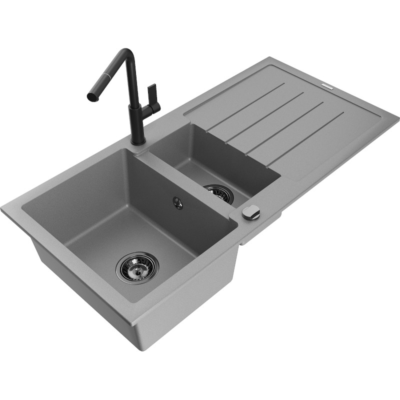 Mexen Andres 1.5-bowl granite sink with drainer and Flora kitchen faucet, gray - 6515-71-670401-70-B