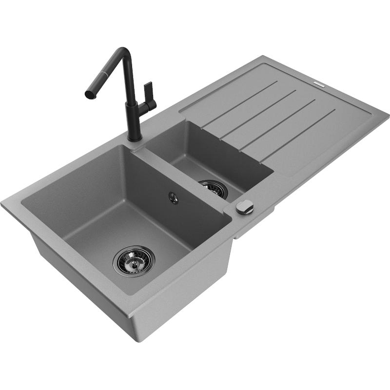 Mexen Andres 1.5-compartment granite sink with a drip tray and kitchen mixer tap Flora, Grey - 6515-71-670401-70-B