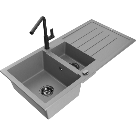 Mexen Andres 1.5-bowl granite sink with drainer and Flora kitchen faucet, gray - 6515-71-670401-70-B