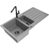 Mexen Andres 1.5-bowl granite sink with drainer and Flora kitchen faucet, gray - 6515-71-670401-70-B
