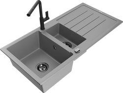 Mexen Andres 1.5-bowl granite sink with drainer and Flora kitchen faucet, gray - 6515-71-670401-70-B