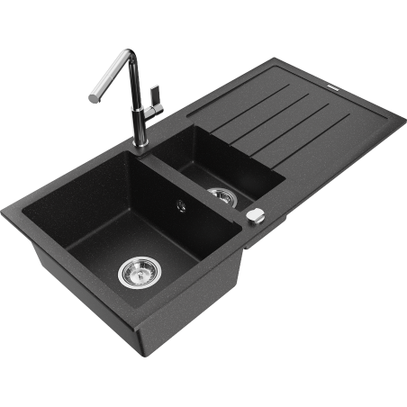 Mexen Andres 1.5-compartment granite sink with a drip tray and kitchen mixer tap Flora, Black/Silver - 6515-73-670401-00