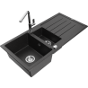 Mexen Andres 1.5-bowl granite sink with drainer and Flora kitchen faucet, black/silver - 6515-73-670401-00