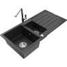 Mexen Andres granite sink 1.5-bowl with drainer and kitchen faucet Flora, black/silver - 6515-73-670401-00