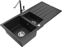 Mexen Andres 1.5-compartment granite sink with a drip tray and kitchen mixer tap Flora, Black/Silver - 6515-73-670401-00