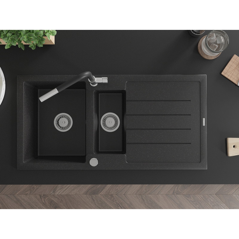 Mexen Andres granite kitchen sink 1.5-bowl with drainer and Flora kitchen faucet, black/silver - 6515-73-670401-07