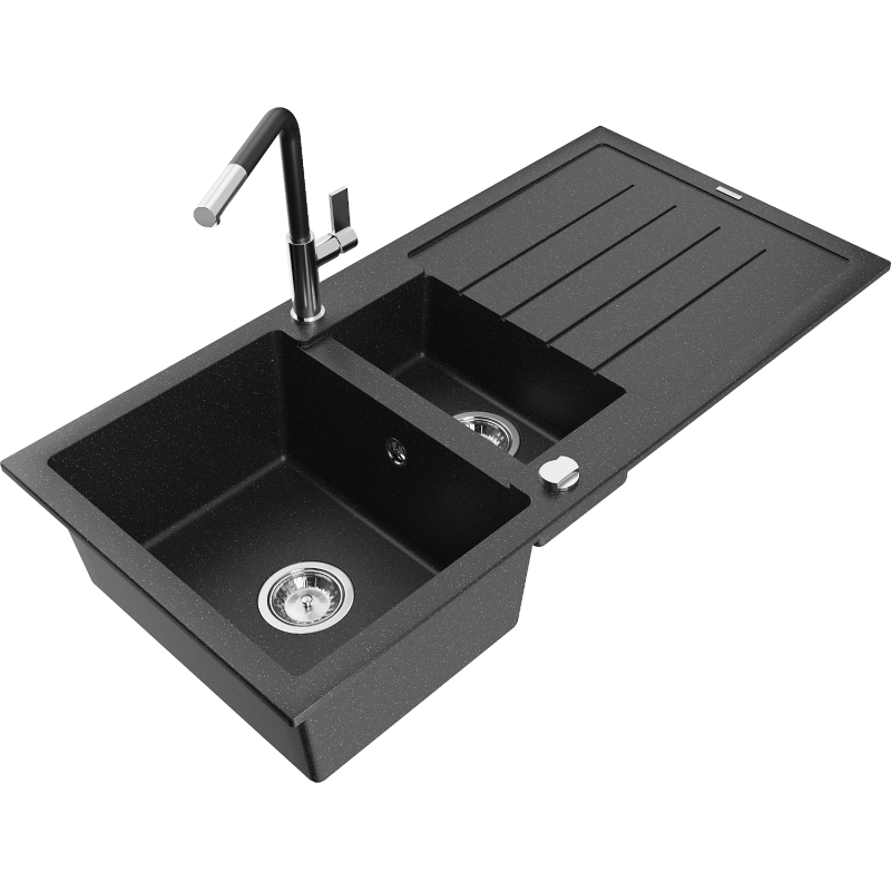 Mexen Andres 1.5-compartment granite sink with a drip tray and kitchen mixer tap Flora, Black/Silver - 6515-73-670401-07