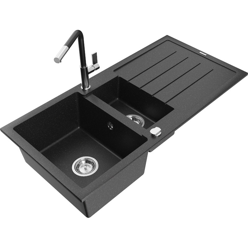Mexen Andres granite kitchen sink 1.5-bowl with drainer and Flora kitchen faucet, black/silver - 6515-73-670401-07